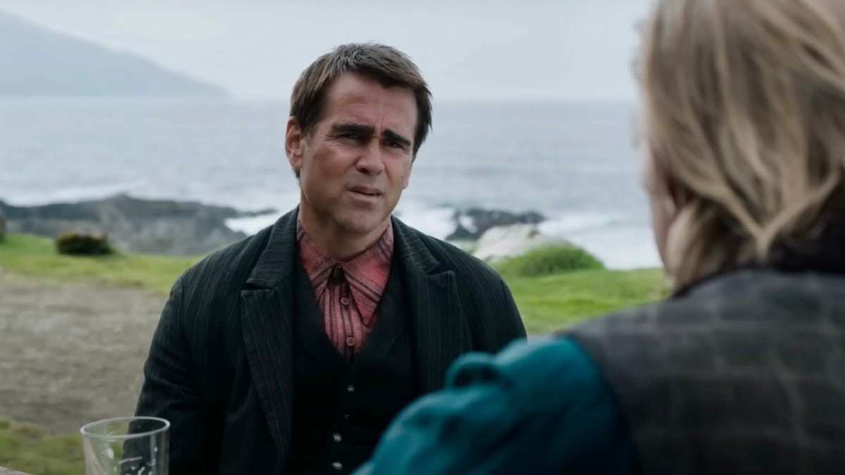 Colin Farrell looks upset in an image from The Banshees of Inisherin.