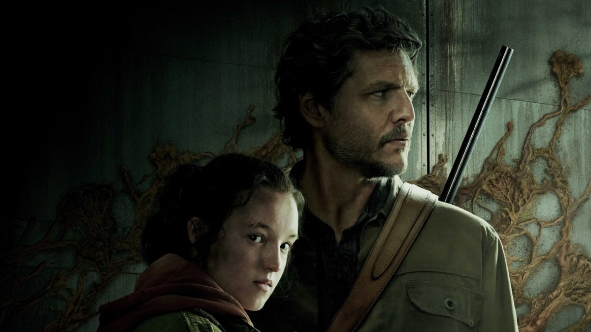 Pedro Pascal as Joel and Bella Ramsey as Ellie carry bags and weapons in The Last of Us