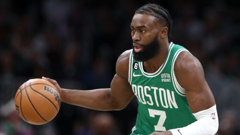 Jaylen Brown dribbles against the New Orleans Pelicans during the first half.