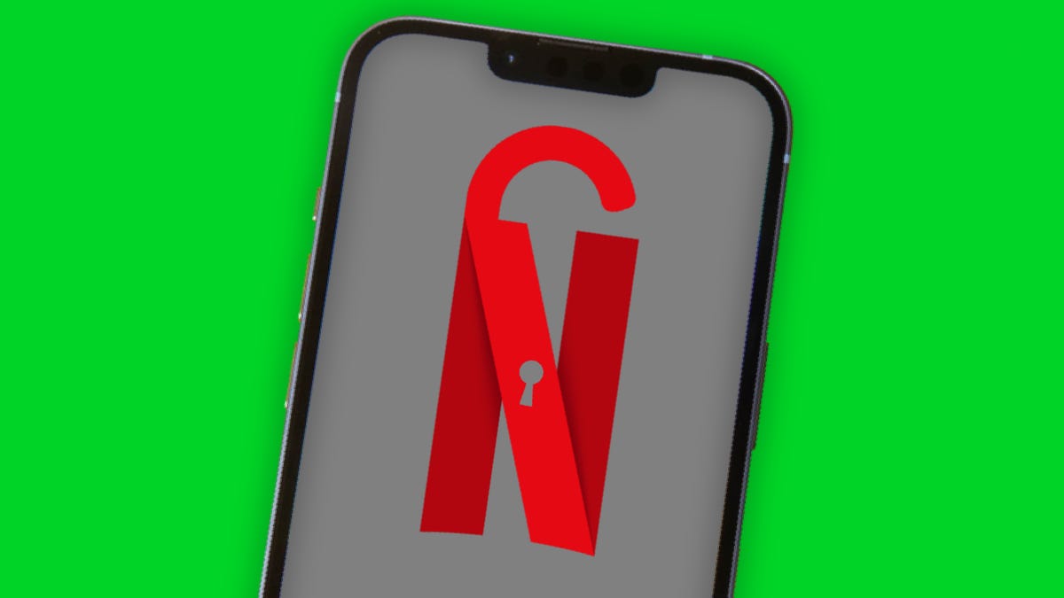 An iPhone shows an illustration of the Netflix logo with a padlock shackle and keyhole to look like a lock