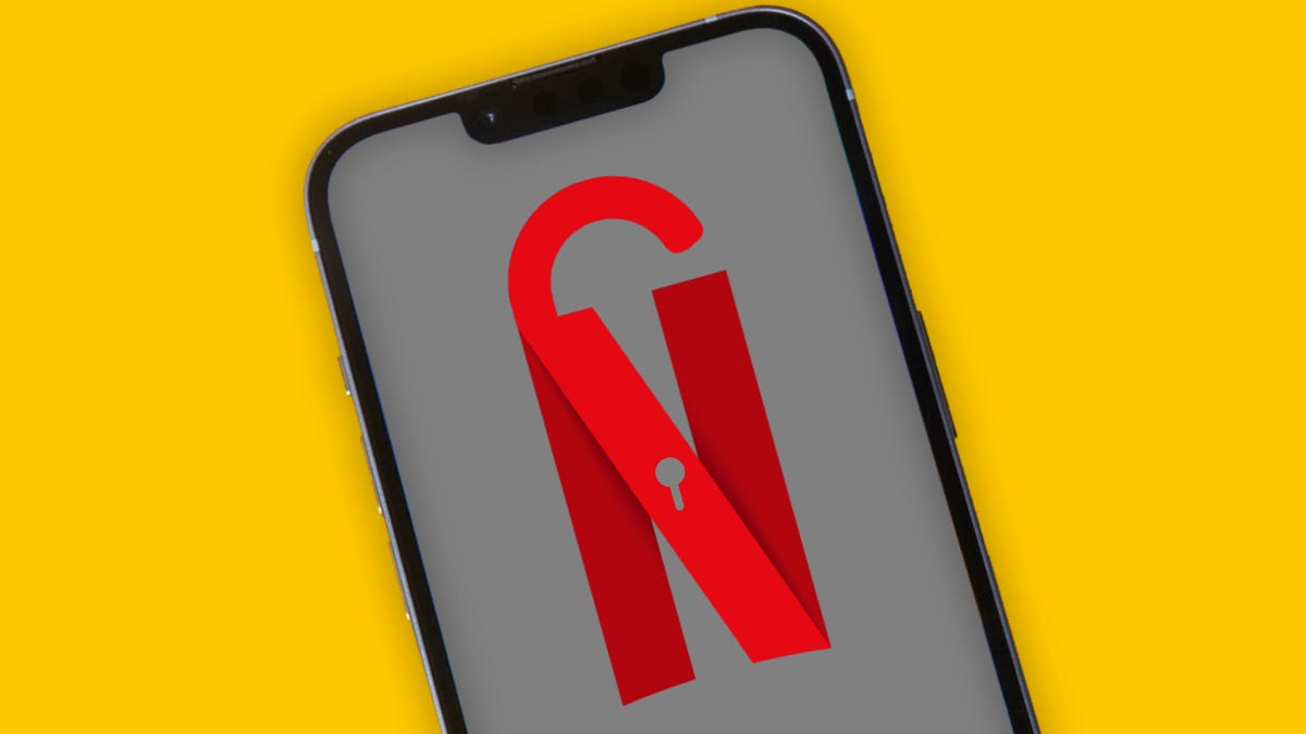 An iPhone shows an illustration of the Netflix logo with a padlock shackle and keyhole to look like a lock