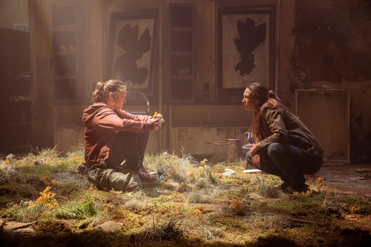 Ellie sits in a room with grass on the floor as Tess talks to her in The Last of Us.