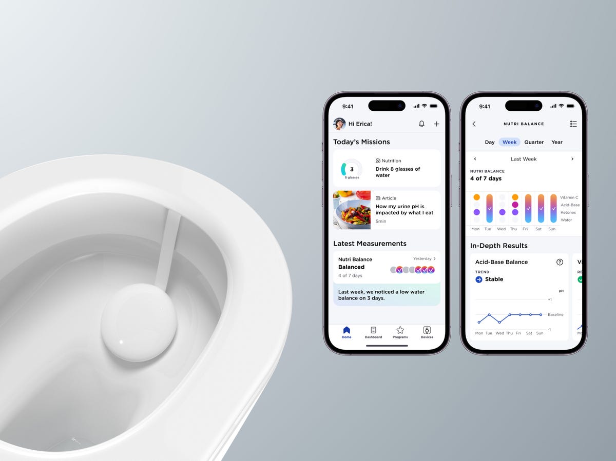 A phone screen showing the Withings app next to the toilet sensor