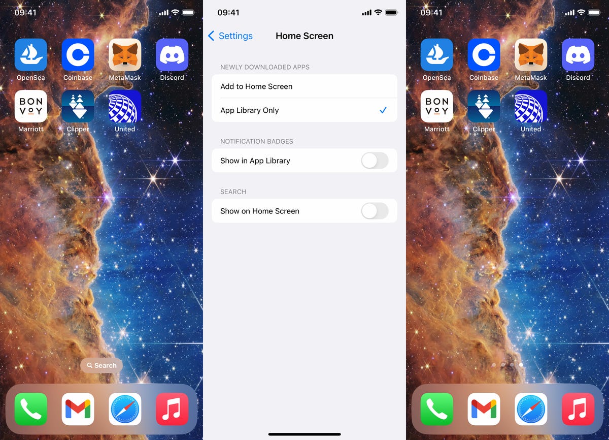 iOhone home screen (with and without search field) and the home screen settings page