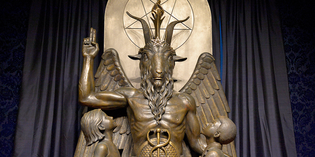 The Baphomet statue is seen in the conversion room at the Satanic Temple in Salem, Massachusetts, on Oct. 8, 2019.