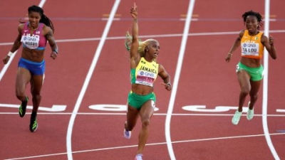 Shelly-Ann Fraser-Pryce celebrates winning the women's 100m final at the World Athletics Championships in  Eugene, Oregon, in July.