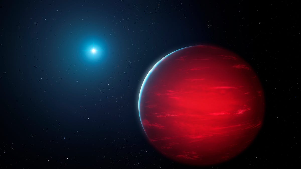 An artist's impression of a large red, not-too-luminescent star in the foreground and a rather bright white, smaller star in the background.