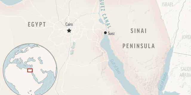 A locator map for the Suez Canal and the Sinai Peninsula in Egypt, with its capital, Cairo. A cargo ship in Egypt's Suez Canal was grounded early on Monday, but it was refloated.
