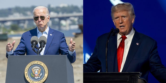 A photo combination of President Joe Biden and formerPresident Donald Trump. Biden speaks at the former Brayton Point Power Station in Somerset, Massachusetts, on July 20, 2022. Trump speaks at the Tampa Convention Center in Tampa, Florida on July 23, 2022. 