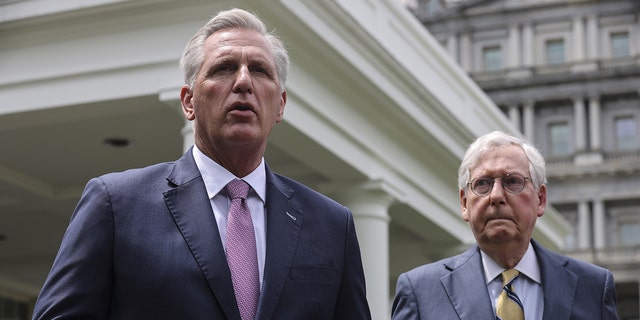 Kevin McCarthy, a Republican from California, who is now the House Speaker, with Senate Minority Leader Mitch McConnell, a Republican from Kentucky, at the White House in Washington, D.C., U.S., on Wednesday, May 12, 2021. 