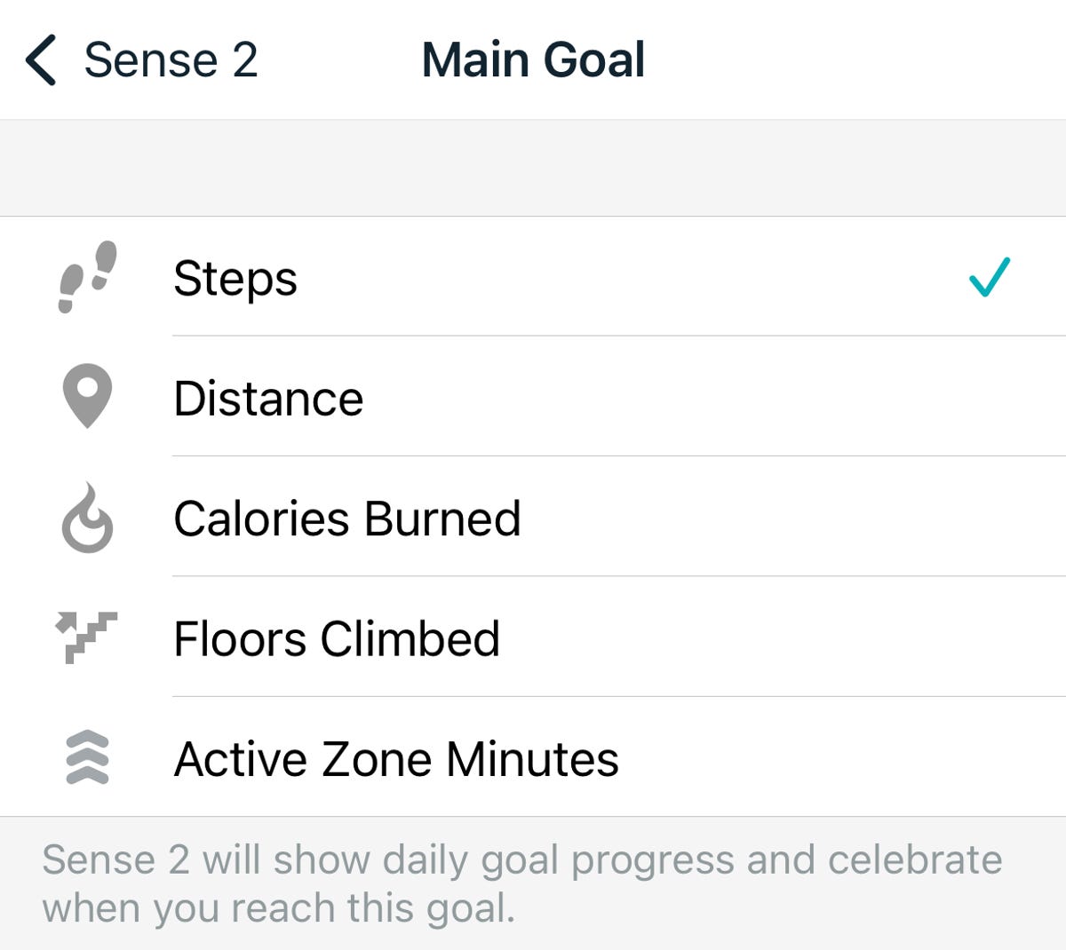 A screenshot of the main goal options in the Fitbit app