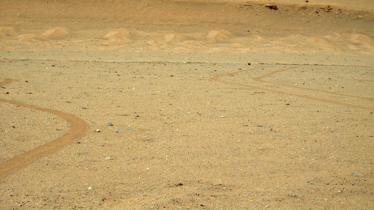 Large expanse of rocky, flat Martian landscape with a series of sand dunes in the distance.