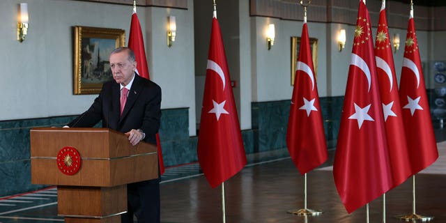 Turkish President Recep Tayyip Erdogan speaks during the opening Ceremony of Amasya Badal Tunnel via video conference at the presidential complex in Ankara, Turkiye on Jan. 19, 2023. 