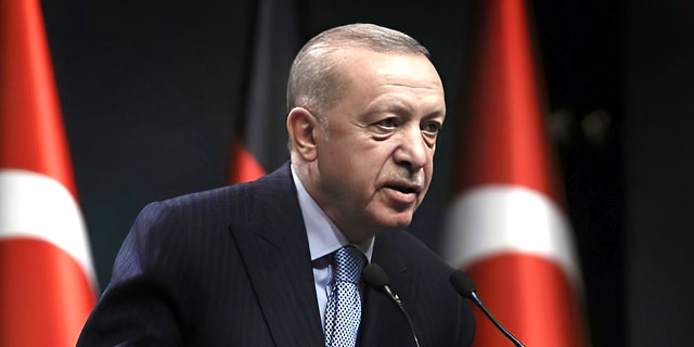 Turkey's President Recep Tayyip Erdogan speaks during a news conference, in Ankara, Turkey, on May 14, 2022. 