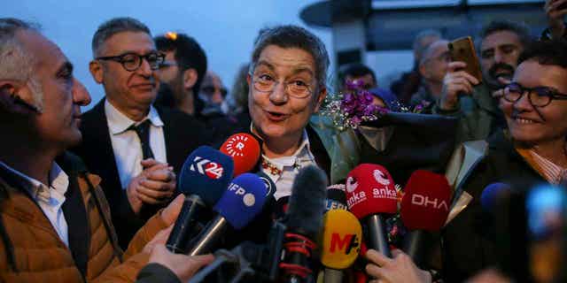 Turkish Medical Association President Dr. Sebnem Korur Fincanci talks to journalists in Istanbul, Turkey, on Jan. 11, 2023. A court convicted Fincanci of disseminating "terror organization propaganda," and she was sentenced to three years in prison.