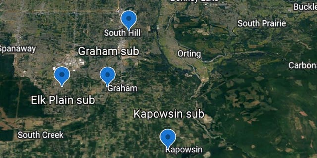 PSE provided the FBI a map showing the proximity of all four substations attacked on Dec. 25, 2022. 