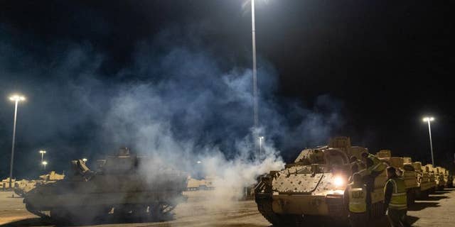 Bradley fighting vehicles in South Carolina on Jan. 25 before departing for Ukraine. 