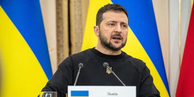 LVIV, UKRAINE - JANUARY 11: President of Ukraine Volodymyr Zelenskyi during a press conference following the tripartite meeting on January 11, 2023 in Lviv, Ukraine.