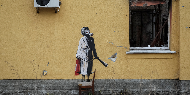 The Banksy mural in Hostomel, Ukraine, as seen on Nov. 12, 2022.