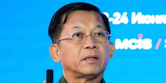 Commander-in-Chief of Myanmar's armed forces, Senior Gen. Min Aung Hlaing, delivers his speech at the IX Moscow conference on international security in Moscow on June 23, 2021. The United Nations secretary-general recently voiced his support of the Myanmar people's democratic aspirations.