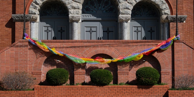 The First United Methodist Church in Little Rock, Arkansas, displays a rainbow decoration.