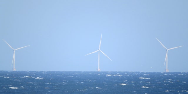 A wind farm is pictured off the coast from Montauk, New York, on April 16, 2021.