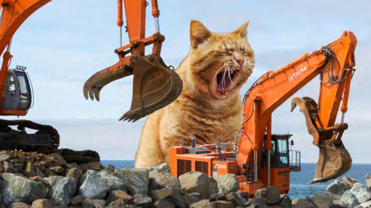 An orange tabby cat yawns behind orange excavating equipment. The cat is photoshopped into the photo as a giant.
