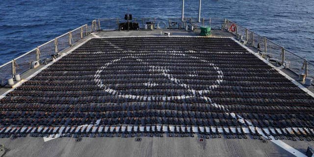 More than 2,000 assault rifles confiscated by the U.S. Navy from Iranian smugglers.