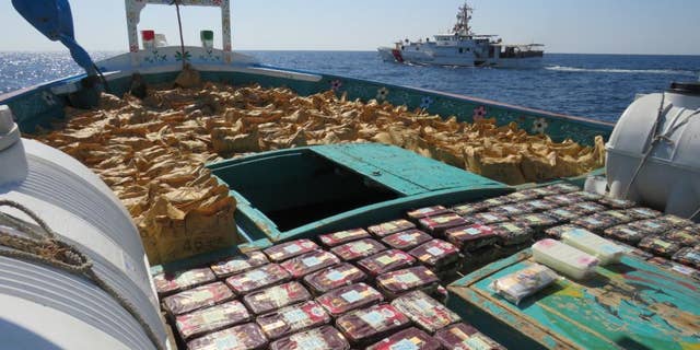 About $33 million worth of hashish and methamphetamine seized from a fishing vessel smuggling the drugs in the Gulf of Oman on Tuesday. 