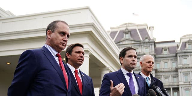 Sens. Marco Rubio and Rick Scott, along with Rep. Mario Diaz-Balart and Florida Gov. Ron DeSantis, speak to reporters after a meeting with President Donald Trump at the White House on Jan. 22, 2019.