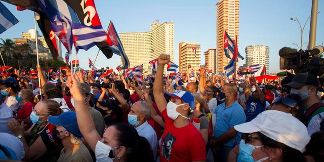 Thousands of people show support for the Cuban revolution six days after the uprising of anti-government protesters across the island, in Havana, Cuba, on July 17, 2021.