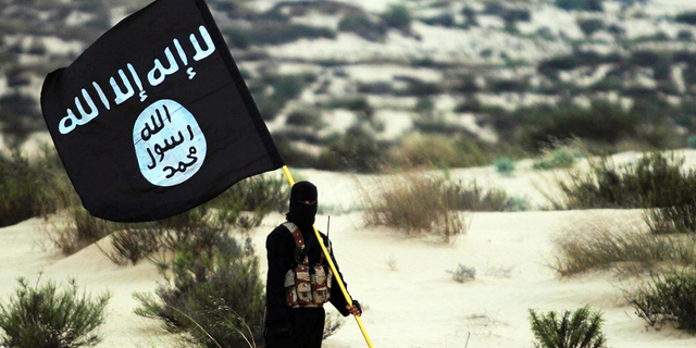 A masked Islamic State soldier poses holding the ISIS flag in 2015.