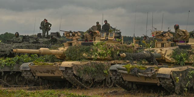 The US Abrams tanks seen at the training ground in Nowa Deba on September 21, 2022, in Nowa Deba, Subcarpathian Voivodeship, Poland. (Artur Widak/NurPhoto via Getty Images)