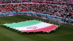 A giant flag of IR Iran on the pitch prior to the FIFA World Cup Qatar 2022 Group B match between Wales and IR Iran at Ahmad Bin Ali Stadium on November 25, 2022 in Doha, Qatar. 