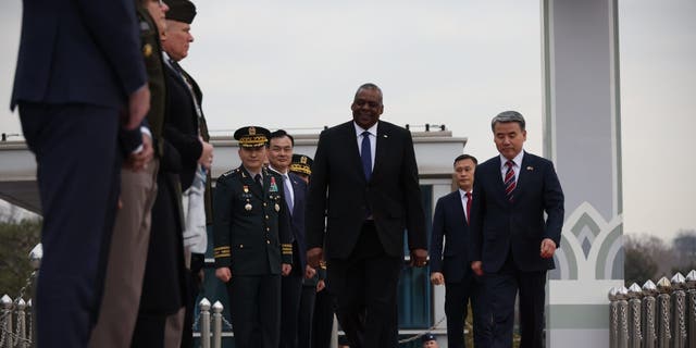 Secretary of Defense Lloyd Austin, center, and South Korean Defense Minister Lee Jong-sup, right, attend a welcome ceremony at the Defense Ministry on Jan. 31, 2023, in Seoul, South Korea.