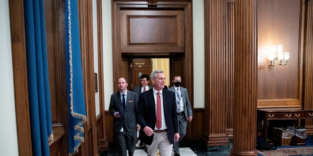 U.S. House Minority Leader Kevin McCarthy (R-CA) walks to his office following speaking for more than eight hours on the House floor at the U.S. Capitol in Washington, D.C., November 19, 2021.