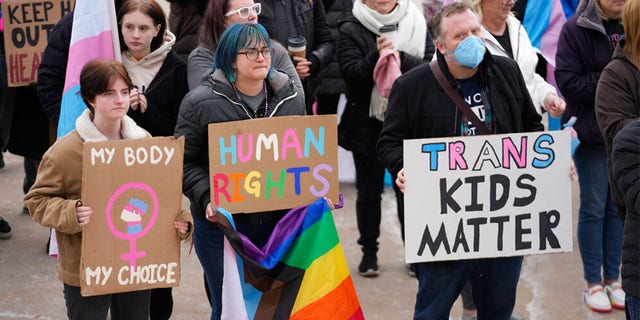 People gather in support of transgender youth during a rally at the Utah State Capitol Tuesday, Jan. 24, 2023, in Salt Lake City. 