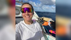 Victoria Evans rowing across the Atlantic Ocean. She became the fastest woman to make the crossing solo.