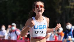 USA's Molly Seidel crosses the finish line of the women's marathon final during the Tokyo 2020 Olympic Games in Sapporo on August 7, 2021. (Photo by Giuseppe CACACE / AFP) (Photo by GIUSEPPE CACACE/AFP via Getty Images)