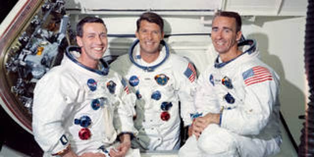 The Apollo 7 prime crew, from left to right, are astronauts Donn F. Eisele, command module pilot, Walter M. Schirra Jr., commander; and Walter Cunningham, lunar module pilot.