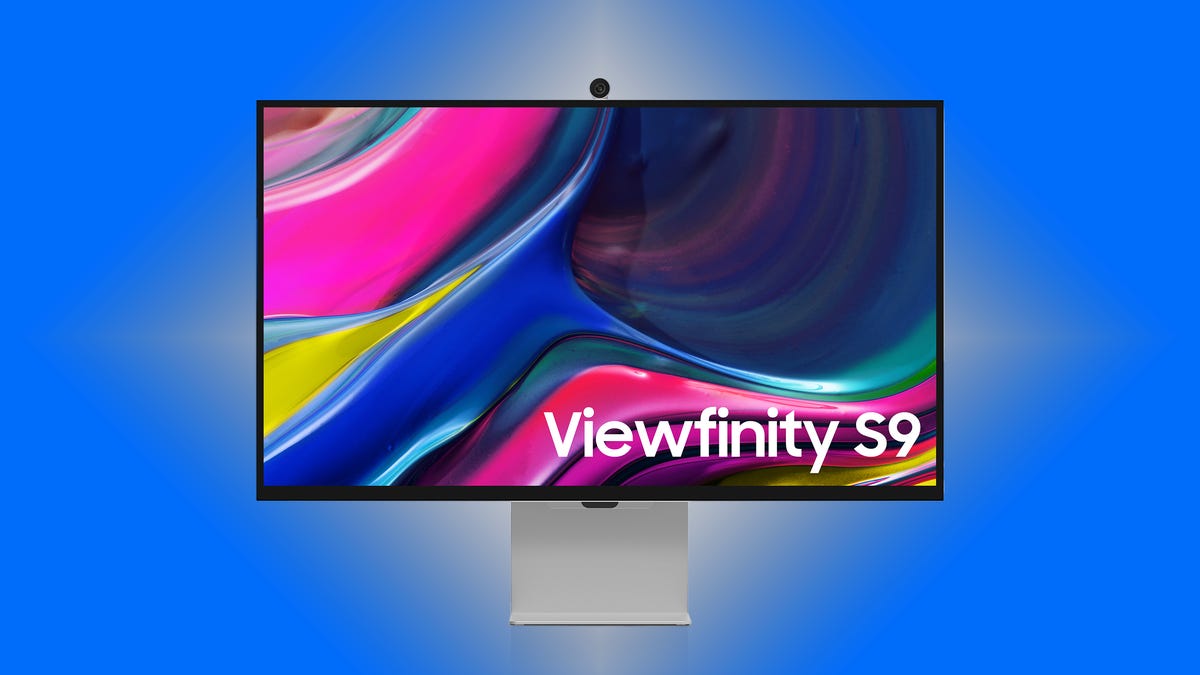 A direct front view of the Viewfinity S9 against a blue background