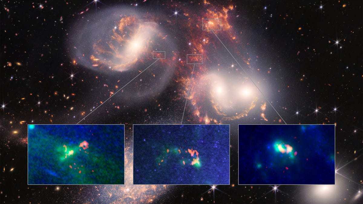 A glowing image of Stephan's Quintet, with some portions zoomed-in on and shown through three smaller images overlain in front of the main image.