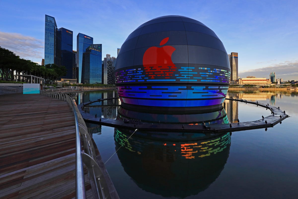  A floating glass orb is the design of Apple's Singapore store.