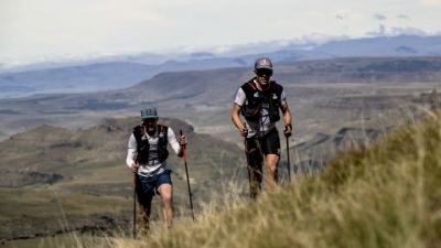 Sandes and Griesel look forward to spending more time on their home continent. Here they're pictured trekking up a steep incline during their Navigate Lesotho run.