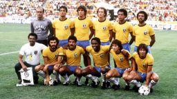 Brazil team group. (top l-r) Waldir Perez, Leandro, Oscar, Falcao, Luizinho, Junior. (front l-r) Trainer, Socrates, Cerezo, Serginho, Zico, Eder.  (Photo by Peter Robinson/EMPICS via Getty Images)