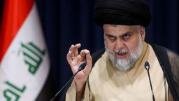 Iraqi Shiite cleric Moqtada al-Sadr speaks after preliminary results of Iraq's parliamentary election were announced in Najaf, Iraq on October 11, 2021. 