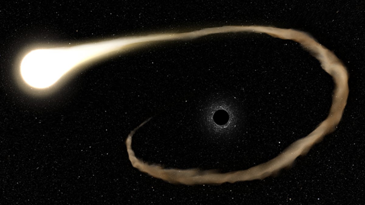 An illustration of a black hole is in the center of this image, surrounded by a star caught in its gravitational waves.
