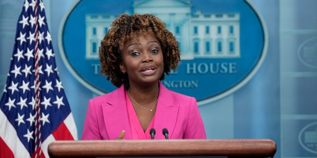 WASHINGTON, DC - JANUARY 6: White House Press Secretary Karine Jean-Pierre speaks during the daily press briefing at the White House January 6, 2023 in Washington, DC.