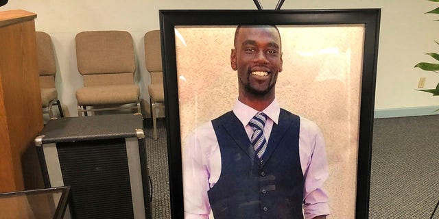 A portrait of Tyre Nichols is displayed at a memorial service for him on Tuesday, Jan. 17, 2023 in Memphis, Tenn. Nichols was killed during a traffic stop with Memphis Police on Jan. 7.  (AP Photo/Adrian Sainz)