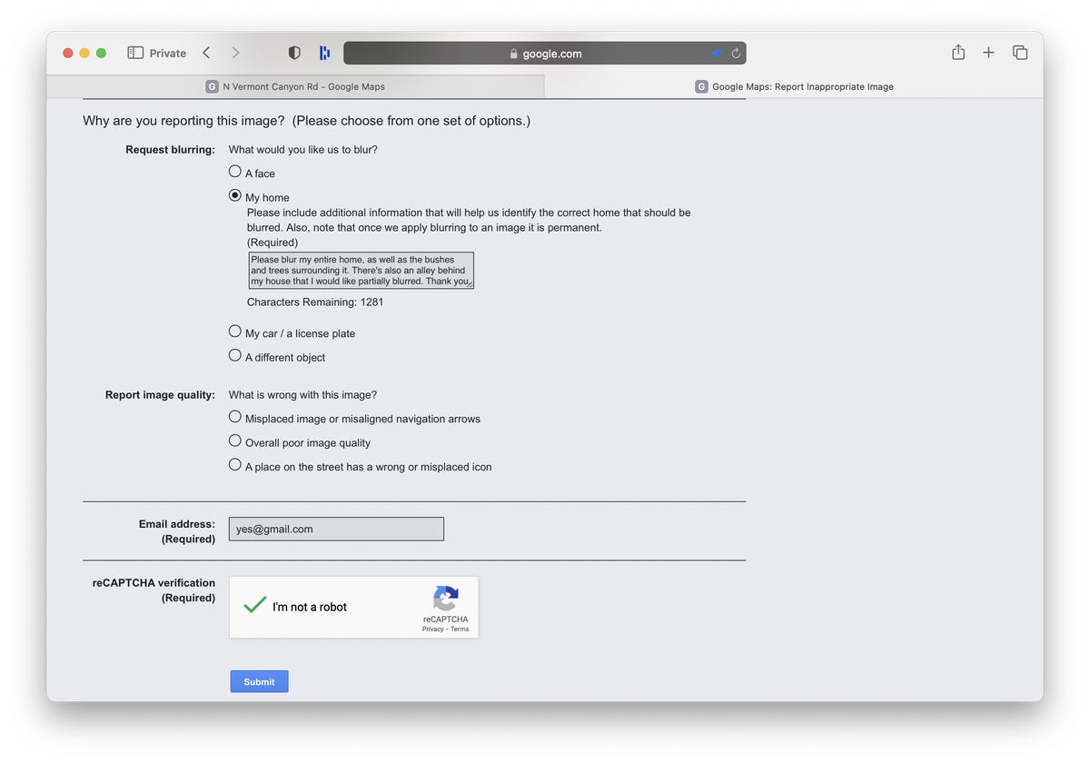 Submit option for blurring in Google Maps